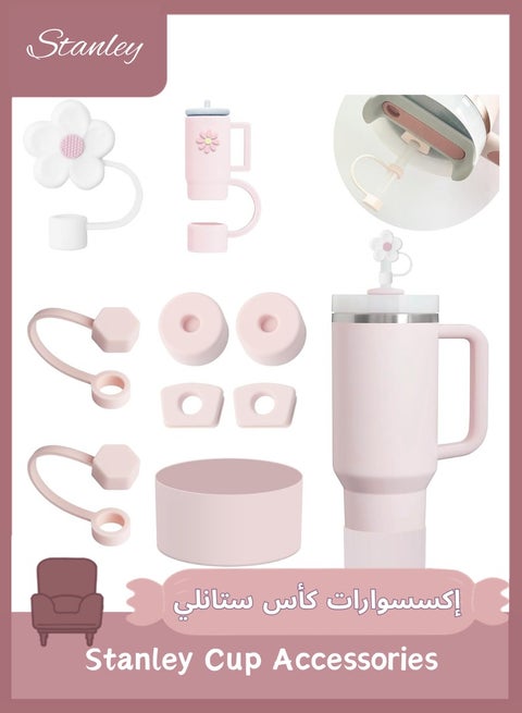 9 Pcs Stanley Cup Accessories Set Including 6 Pcs Silicone Spill Proof Stopper, 2 Pcs Straw Cover Cap for 9-10 mm Straws, 1 Pcs Silicone Boot for Stanley Cup Stanley 40oz & 30oz Tumbler (ROSE QUARTZ)